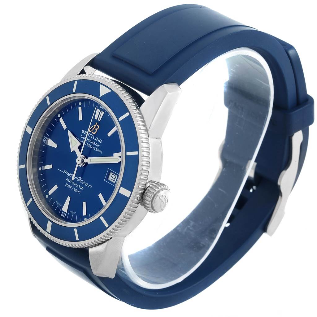 The image shows a Breitling Superocean A17321 Men's Stainless Steel Blue Dial A17321 Men's Stainless Steel Blue Dial watch at a slight side angle, highlighting its blue dial, bezel, crown, and rubber strap.