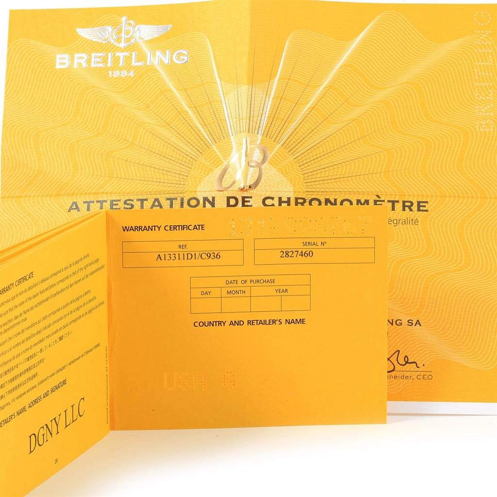 This image shows the warranty certificate and chronometer attestation for the Breitling Superocean A13311 Men
s Stainless Steel Blue Dial A13311 Men
s Stainless Steel Blue Dial watch.