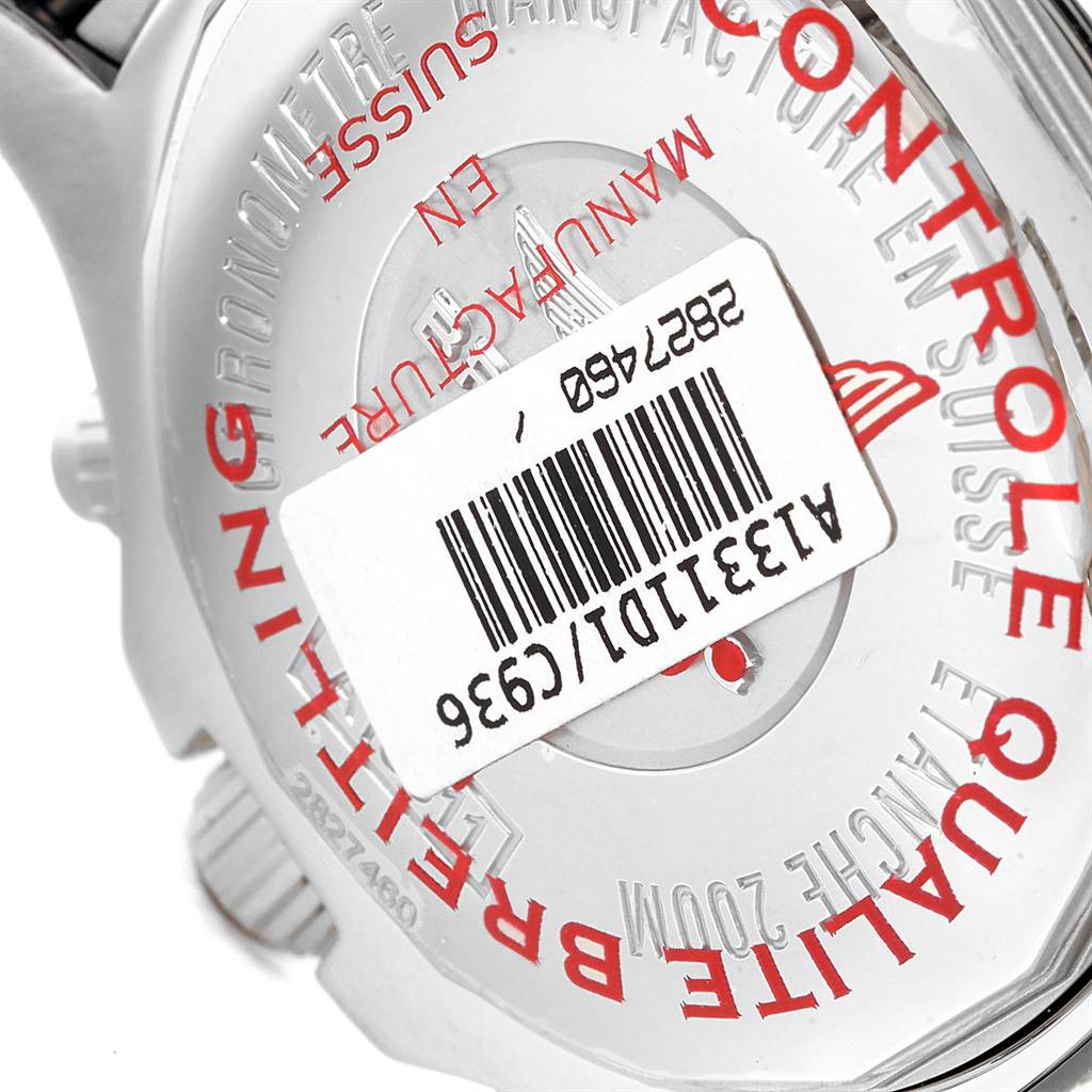 The image shows the back case of a Breitling Superocean A13311 Men
s Stainless Steel Blue Dial A13311 Men
s Stainless Steel Blue Dial watch with a visible serial number and barcode sticker.