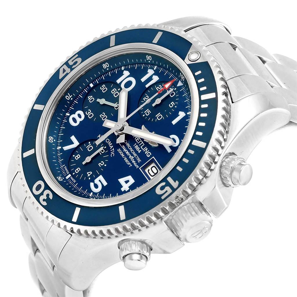 The image shows a Breitling Superocean A13311 Men's Stainless Steel Blue Dial A13311 Men's Stainless Steel Blue Dial watch at a three-quarter angle, highlighting the face, bezel, and side crown.