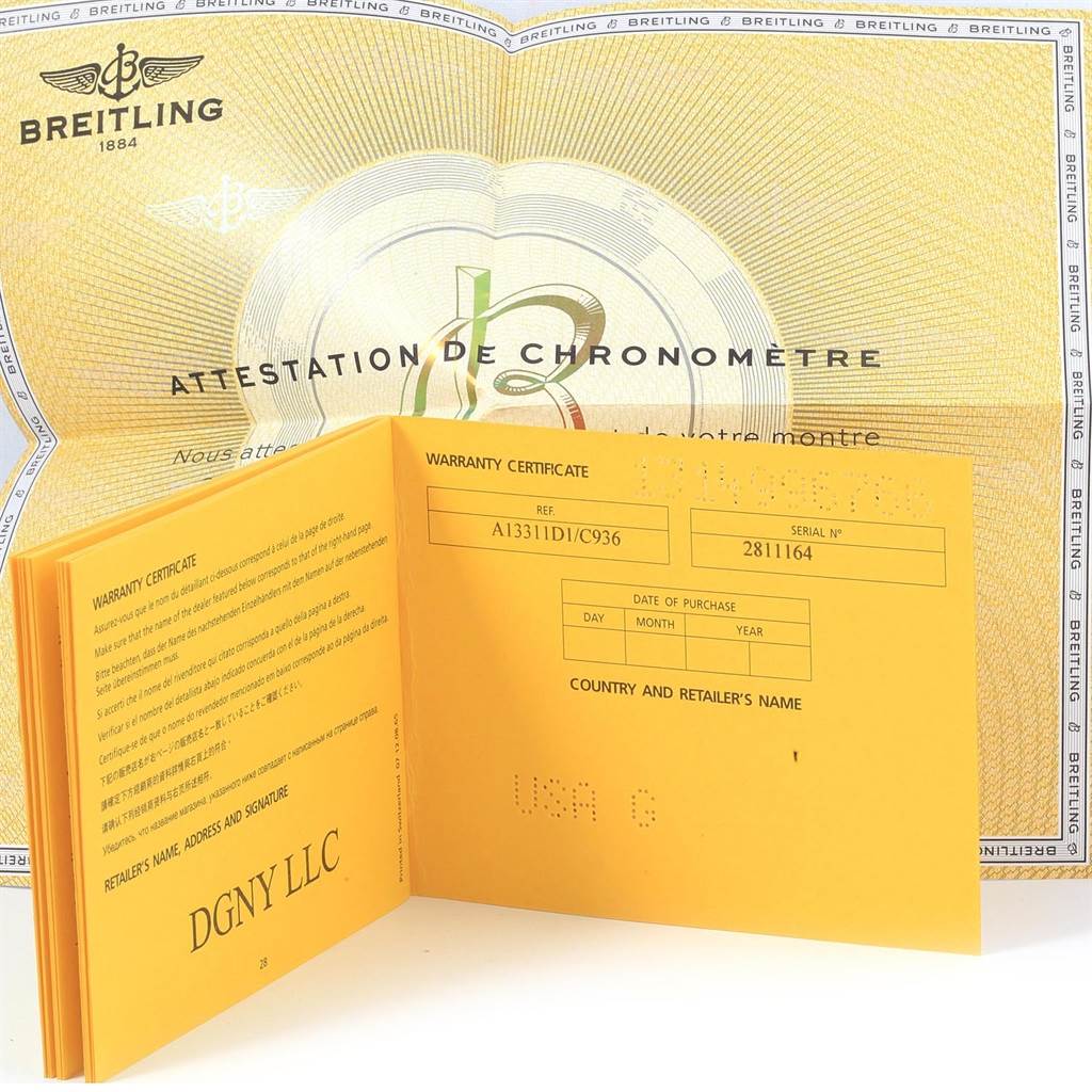 The image shows the warranty certificate booklet and chronometer attestation for a Breitling Superocean A13311 Men's Stainless Steel Blue Dial A13311 Men's Stainless Steel Blue Dial watch.