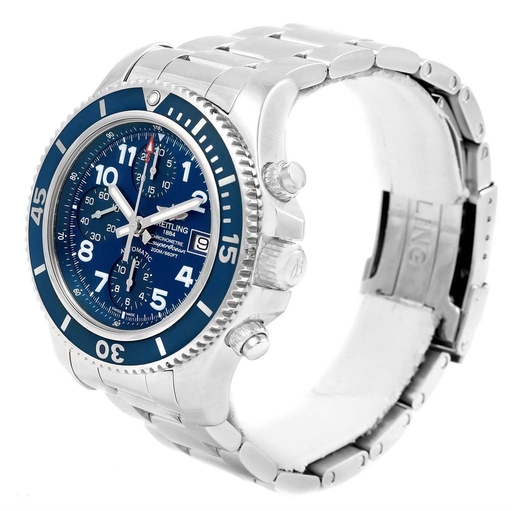 The image shows a side angle of the Breitling Superocean A13311 Men's Stainless Steel Blue Dial A13311 Men's Stainless Steel Blue Dial watch, highlighting its blue dial, bezel, and metal bracelet.
