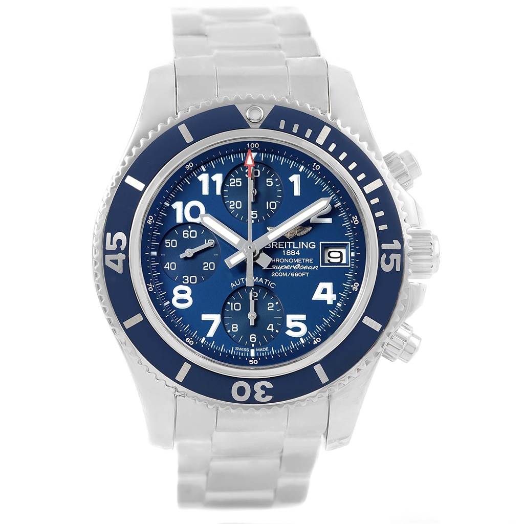 The image shows a frontal view of the Breitling Superocean A13311 Men's Stainless Steel Blue Dial A13311 Men's Stainless Steel Blue Dial watch, highlighting the dial, bezel, and part of the bracelet.