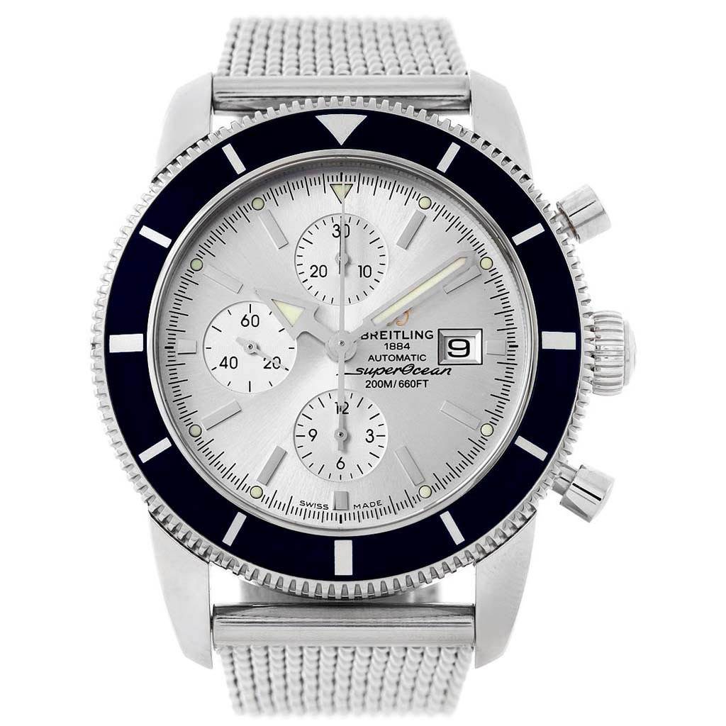 The image displays a frontal view of the Breitling Superocean A13320 Men's Stainless Steel Silver Dial A13320 Men's Stainless Steel Silver Dial watch, showing the dial, bezel, crown, pushers, and mesh strap.
