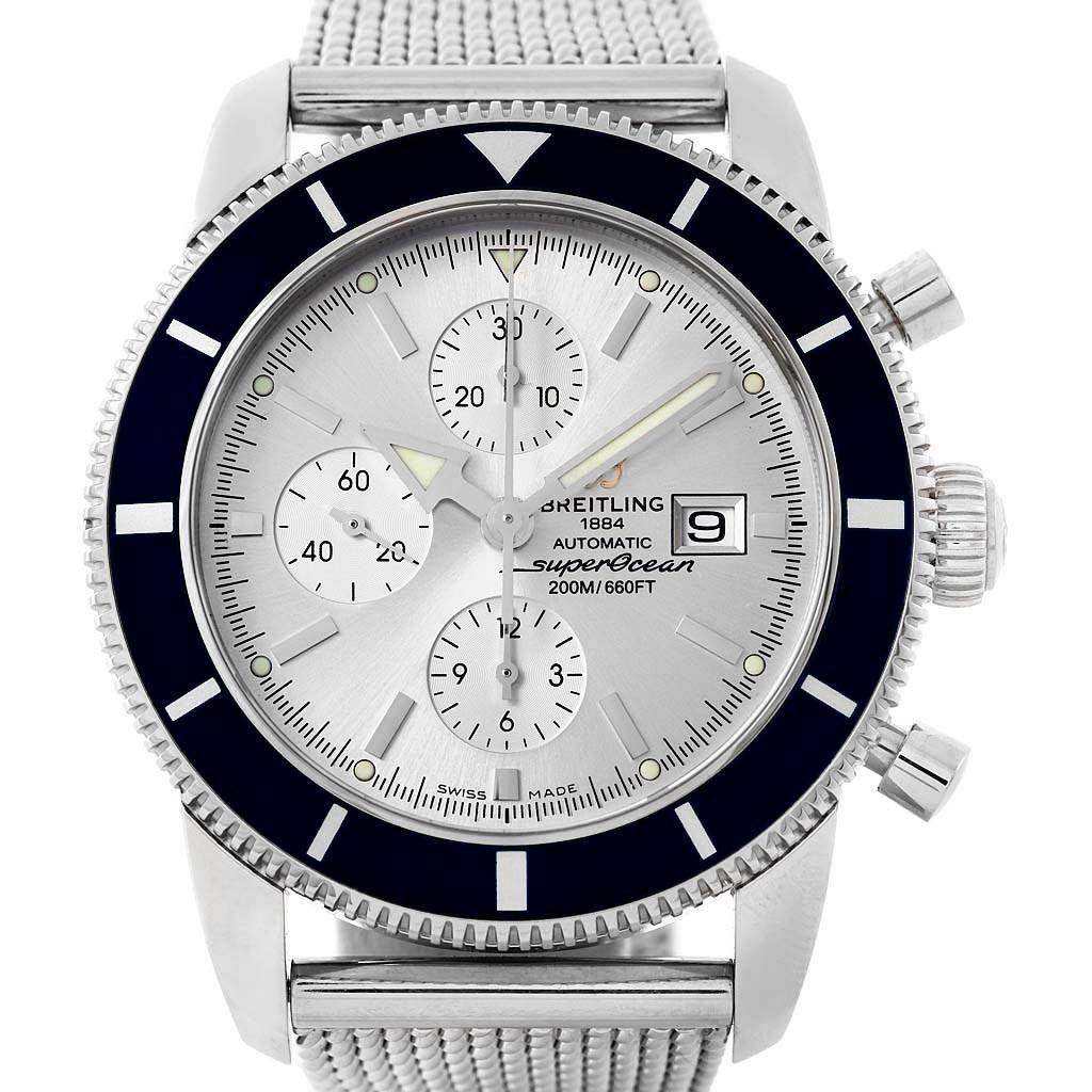 The image shows a Breitling Superocean A13320 Men's Stainless Steel Silver Dial A13320 Men's Stainless Steel Silver Dial watch from a front angle, highlighting the dial, bezels, chronograph subdials, and mesh strap.