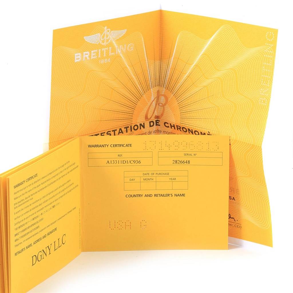 This image shows the warranty certificate and chronometer certification papers for a Breitling Superocean A13311 Men's Stainless Steel Blue Dial A13311 Men's Stainless Steel Blue Dial watch.