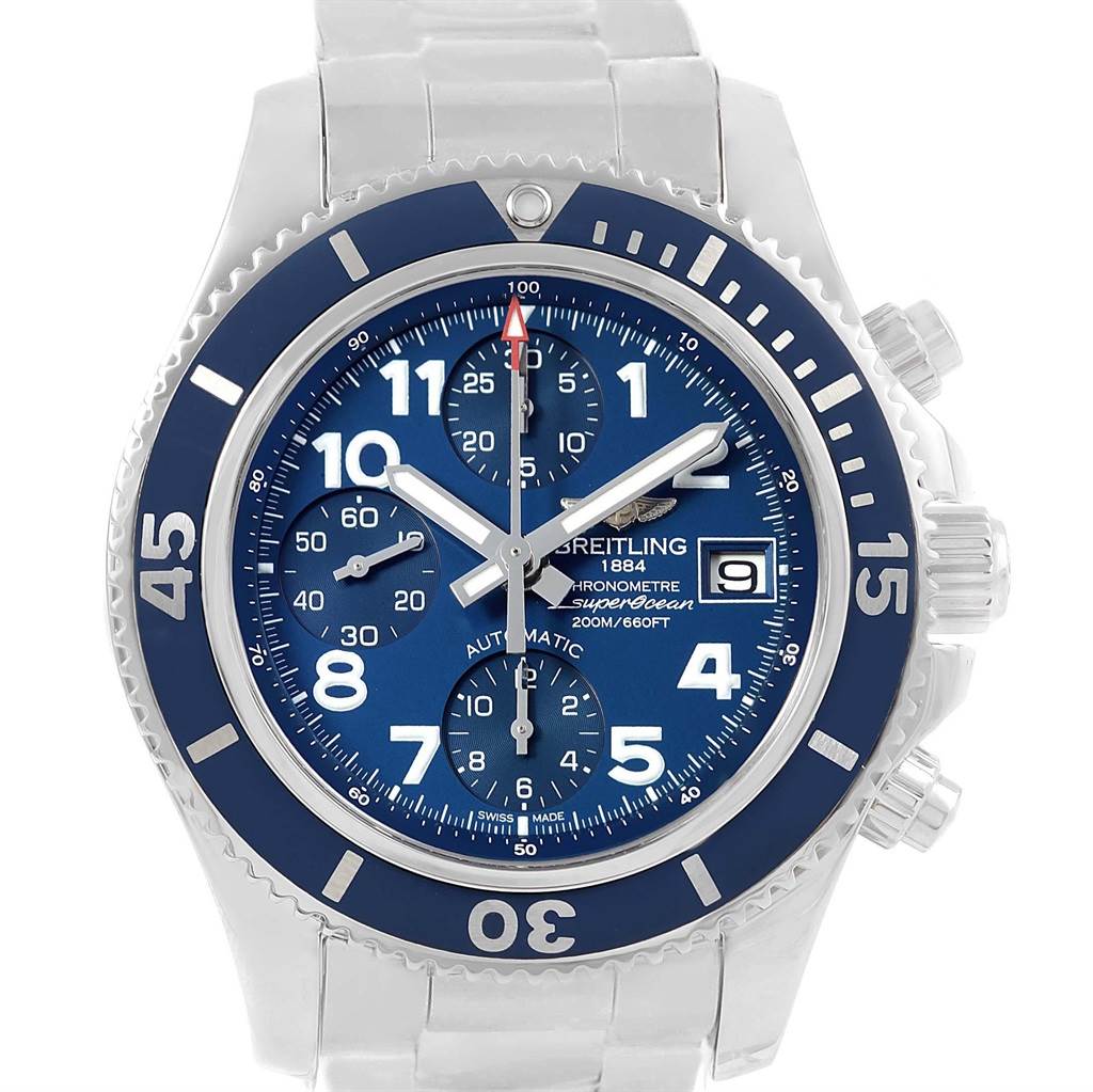 The Breitling Superocean A13311 Men's Stainless Steel Blue Dial A13311 Men's Stainless Steel Blue Dial watch is shown from a front angle, displaying its blue dial, three subdials, and silver bracelet.