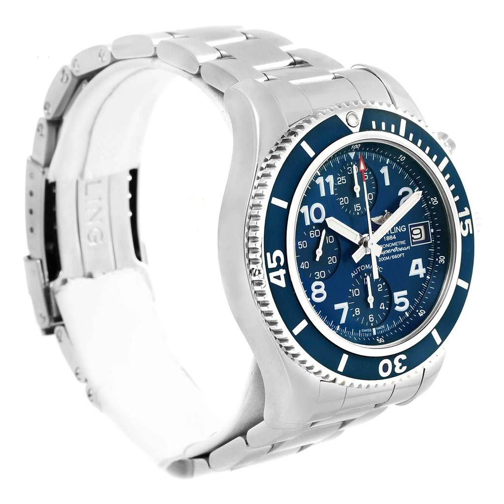 This image shows a Breitling Superocean A13311 Men's Stainless Steel Blue Dial A13311 Men's Stainless Steel Blue Dial watch angled from the front-left, highlighting its dial, bezel, and metal bracelet.
