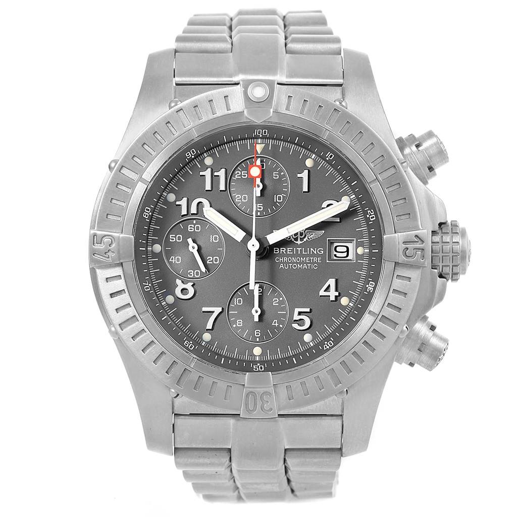 The image shows a Breitling Avenger E13360 Men's Titanium Grey Dial E13360 Men's Titanium Grey Dial watch from a front angle, highlighting its face, bezel, chronograph dials, and bracelet.