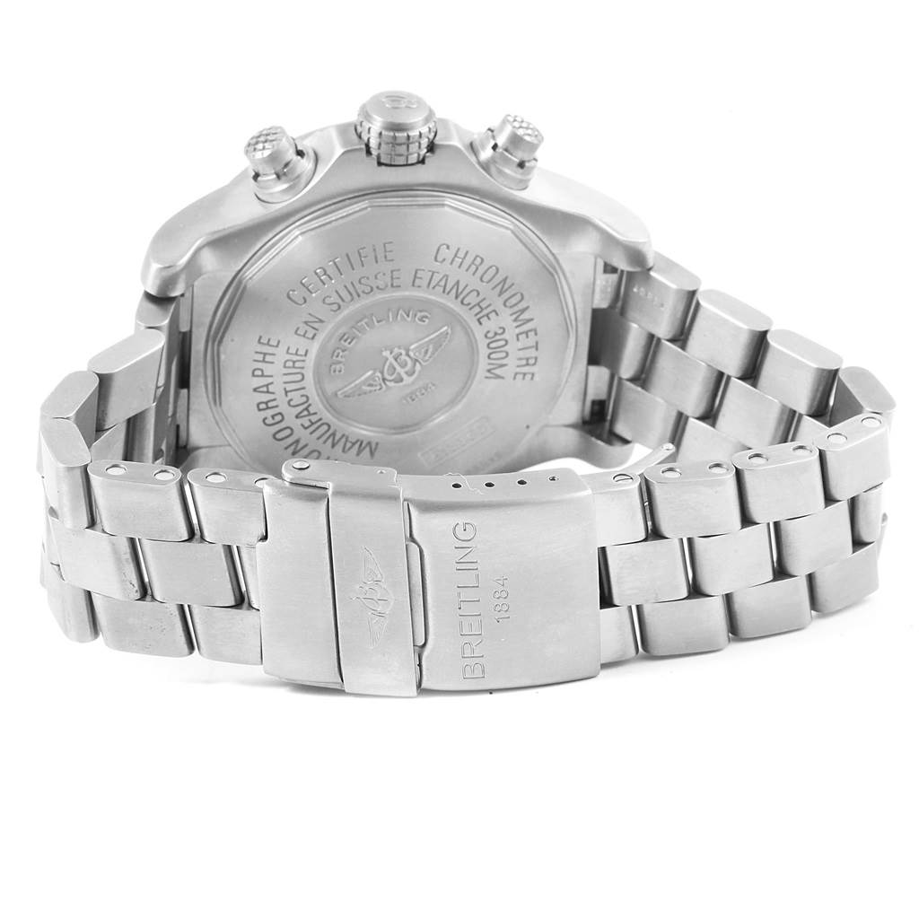 The image shows the back casing, clasp, and part of the bracelet of a Breitling Avenger E13360 Men's Titanium  E13360 Men's Titanium  watch.