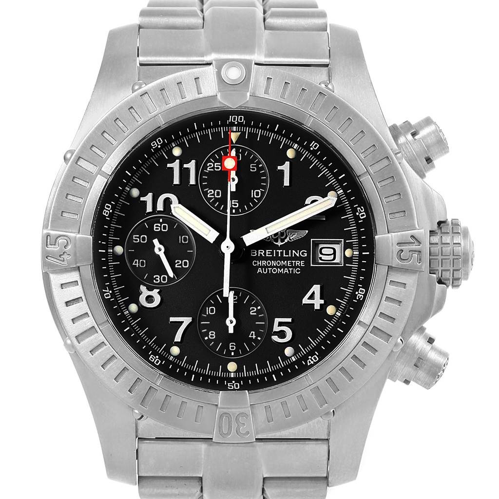This image shows a front view of a Breitling Avenger E13360 Men's Titanium  E13360 Men's Titanium  chronograph watch, displaying its face, bezel, and stainless steel bracelet.