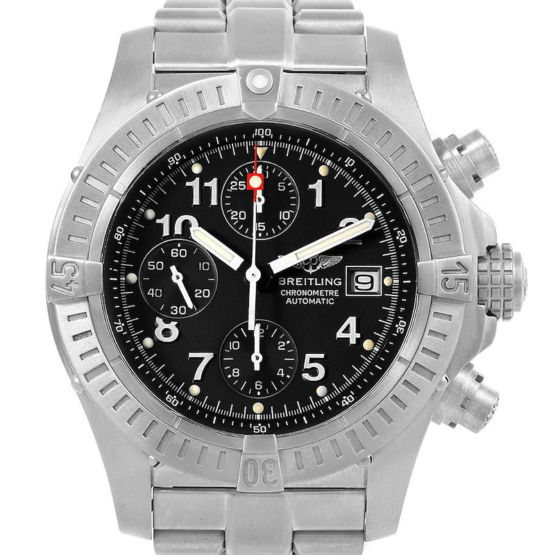 This image shows a front view of a Breitling Avenger chronograph watch, displaying its face, bezel, and stainless steel bracelet.