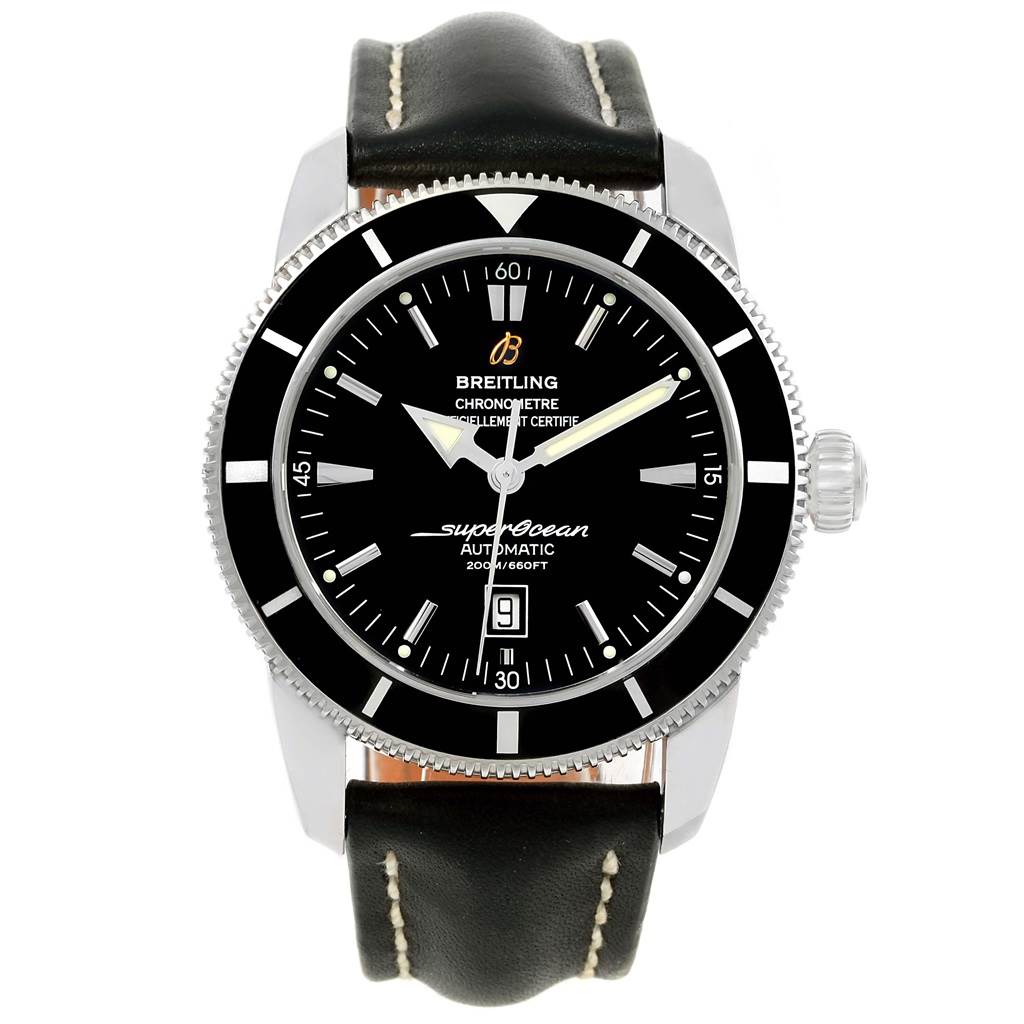 The image shows a front view of the Breitling Superocean A17320 Men's Stainless Steel Black Dial A17320 Men's Stainless Steel Black Dial watch, displaying the dial, bezel, crown, and leather strap.