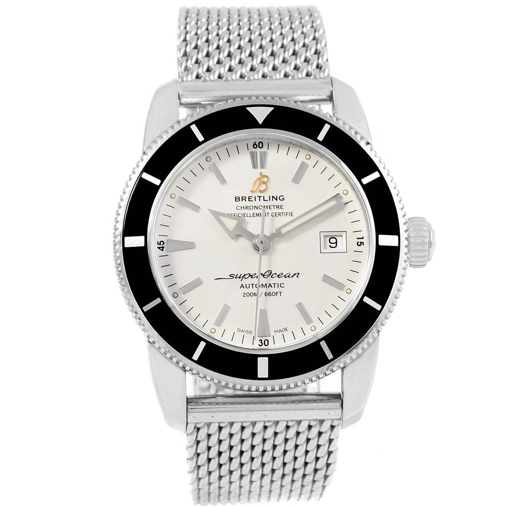 The image shows a front view of the Breitling Superocean A17321 Men's Stainless Steel White Dial A17321 Men's Stainless Steel White Dial watch, displaying its dial, bezel, hands, and mesh bracelet.