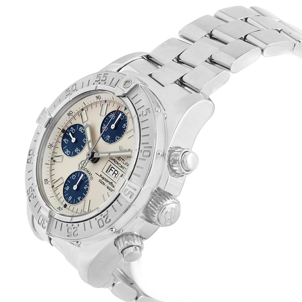 The image shows a side and partial front angle of the Breitling Superocean A13340 Men's Stainless Steel Beige Dial A13340 Men's Stainless Steel Beige Dial watch, highlighting its bezel, dial, and bracelet.