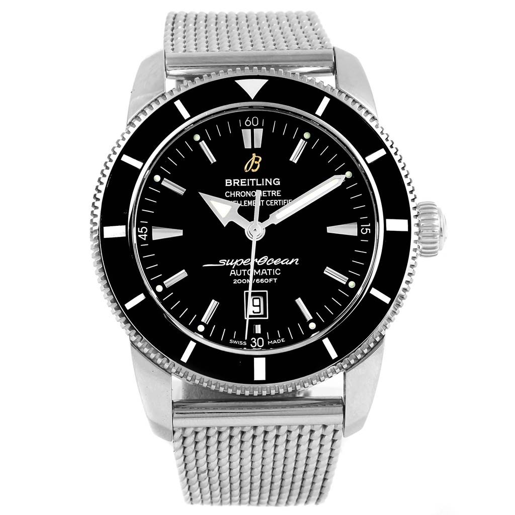 The image shows a front view of a Breitling Superocean A17320 Men's Stainless Steel Black Dial A17320 Men's Stainless Steel Black Dial watch featuring its dial, bezel, and stainless steel mesh bracelet.