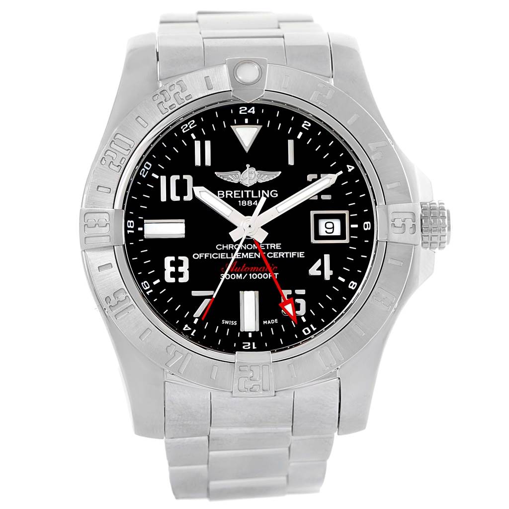 This image shows a front view of a Breitling Avenger A32390 Men's Stainless Steel Black Dial A32390 Men's Stainless Steel Black Dial watch, highlighting the dial, bezel, hands, and bracelet.