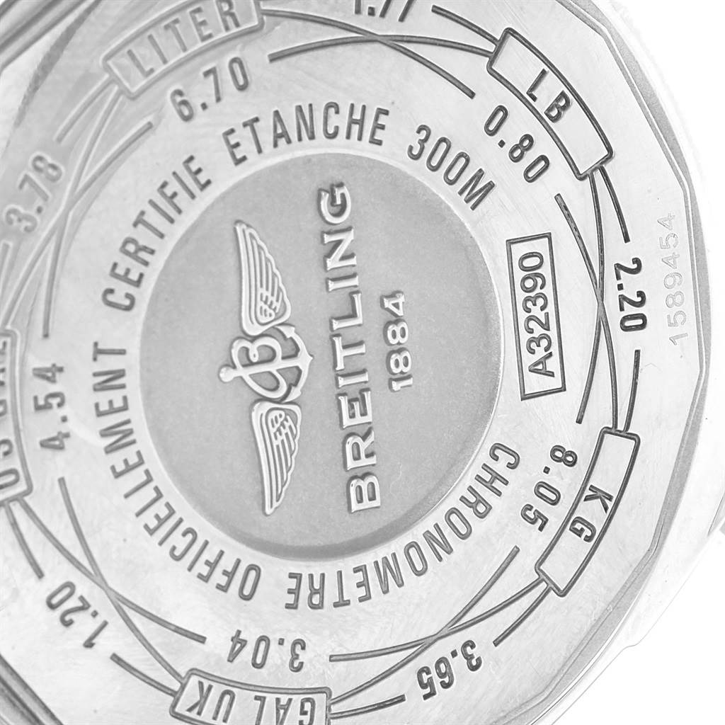 The image shows the case back of a Breitling Avenger A32390 Men's Stainless Steel Black Dial A32390 Men's Stainless Steel Black Dial watch, detailing its markings and specifications.