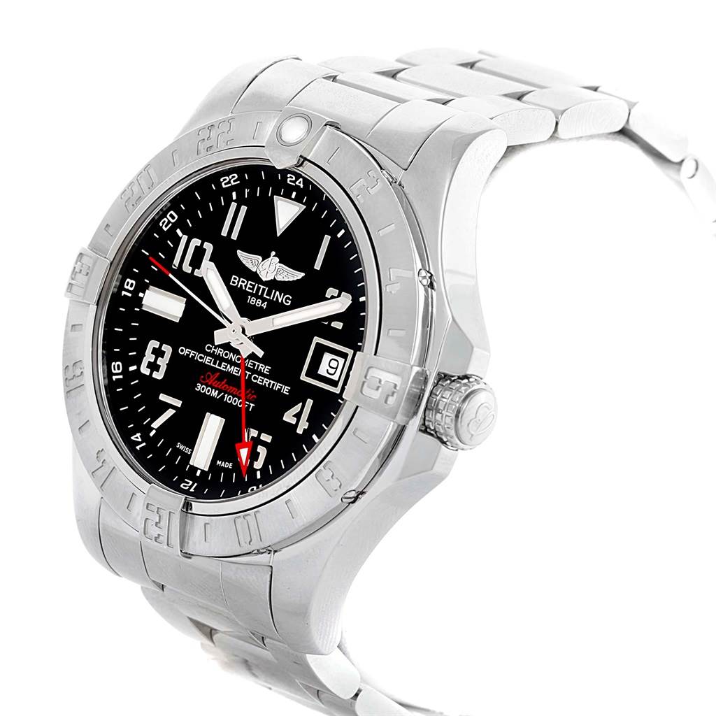 This image shows an angled view of a Breitling Avenger A32390 Men's Stainless Steel Black Dial A32390 Men's Stainless Steel Black Dial watch, highlighting its face, bezel, crown, and part of the bracelet.