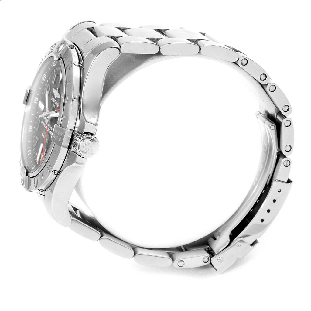 The image shows a Breitling Avenger A32390 Men's Stainless Steel Black Dial A32390 Men's Stainless Steel Black Dial watch from the side angle, highlighting its metal bracelet, case, and crown.