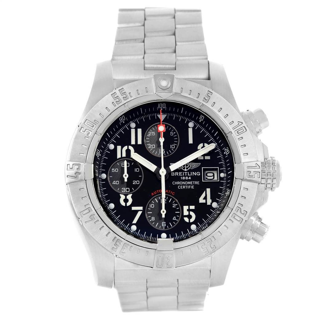 This image shows a front view of the Breitling Avenger A13380 Men's Stainless Steel Black Dial A13380 Men's Stainless Steel Black Dial watch featuring its face, bezel, and part of the bracelet.