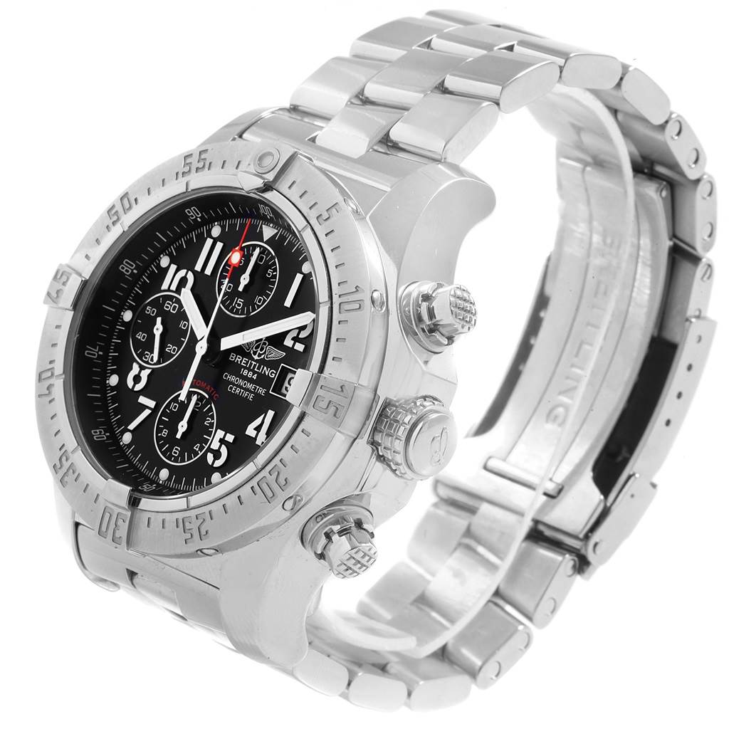 The image shows a Breitling Avenger A13380 Men's Stainless Steel Black Dial A13380 Men's Stainless Steel Black Dial watch at an angled side view highlighting the dial, bezel, crown, and metal bracelet.