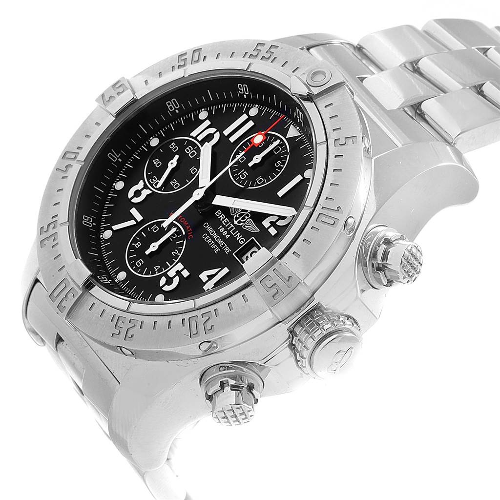 The Breitling Avenger A13380 Men's Stainless Steel Black Dial A13380 Men's Stainless Steel Black Dial watch is shown at an angle displaying the face, bezel, crown, chronograph pushers, and bracelet.