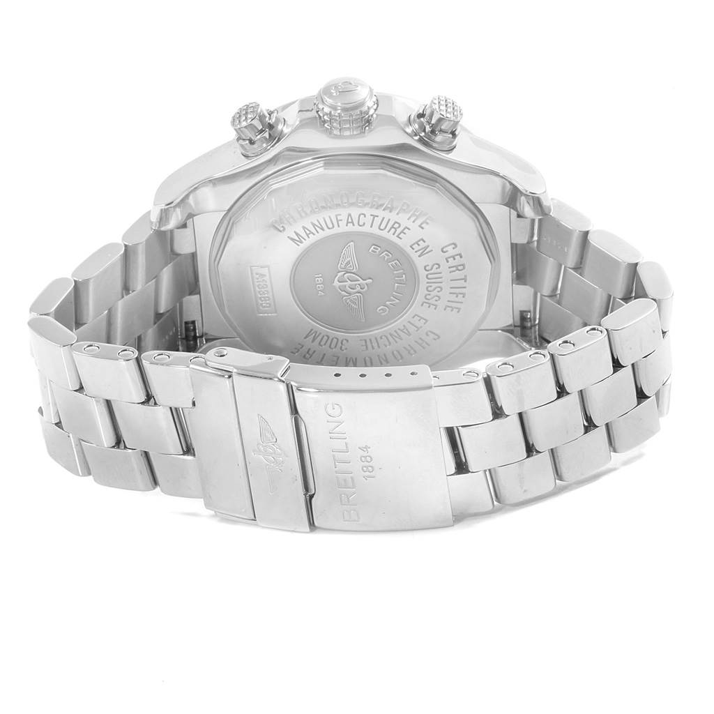 The image shows the back view of a Breitling Avenger A13380 Men's Stainless Steel Black Dial A13380 Men's Stainless Steel Black Dial watch, highlighting the case back, bracelet, and clasp.