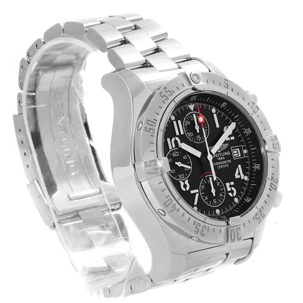 The image shows a side and front angle of the Breitling Avenger A13380 Men's Stainless Steel Black Dial A13380 Men's Stainless Steel Black Dial watch, highlighting its face, bezel, and metal strap.