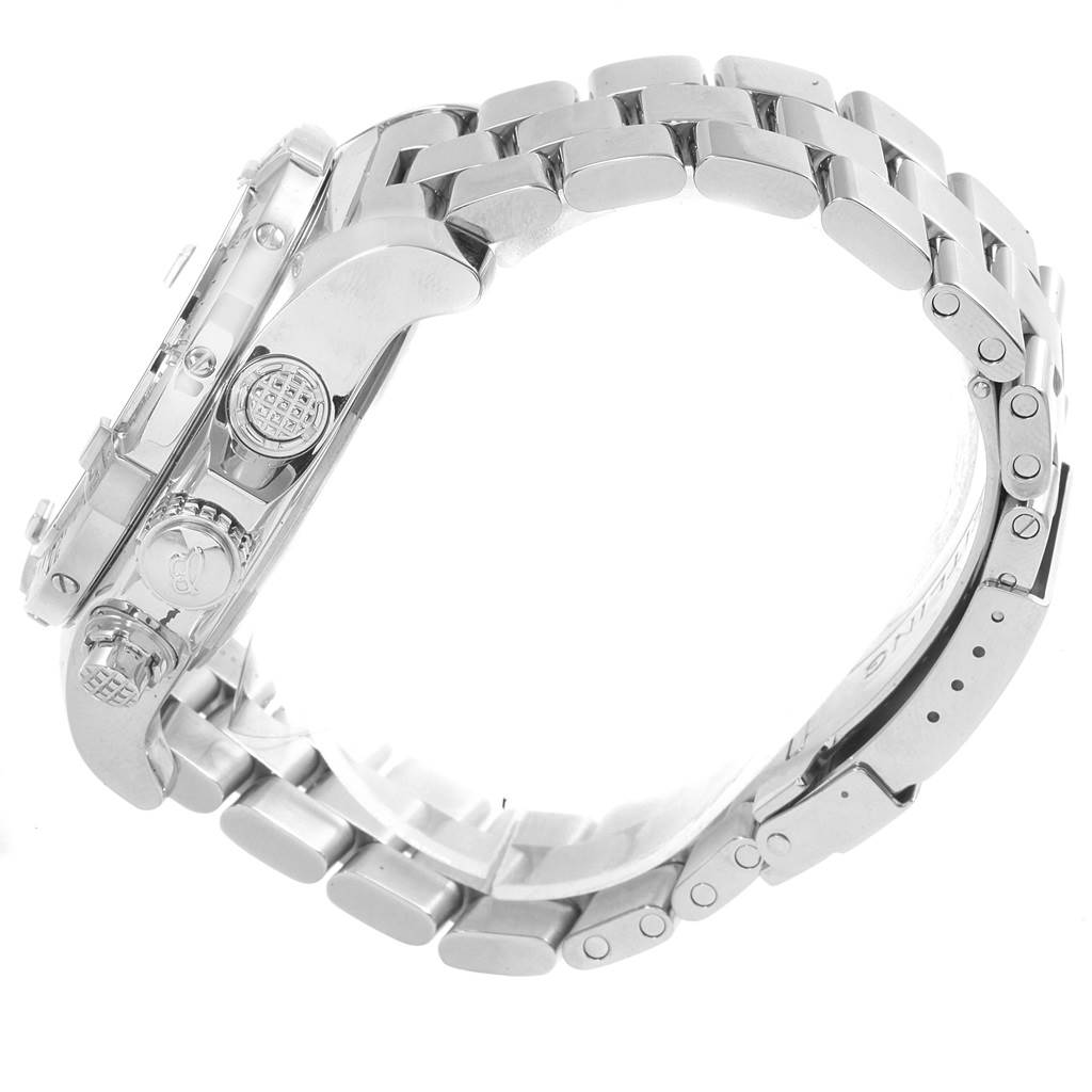 This image shows a Breitling Avenger A13380 Men's Stainless Steel Black Dial A13380 Men's Stainless Steel Black Dial watch from the side, highlighting the crown, pushers, and stainless steel bracelet.