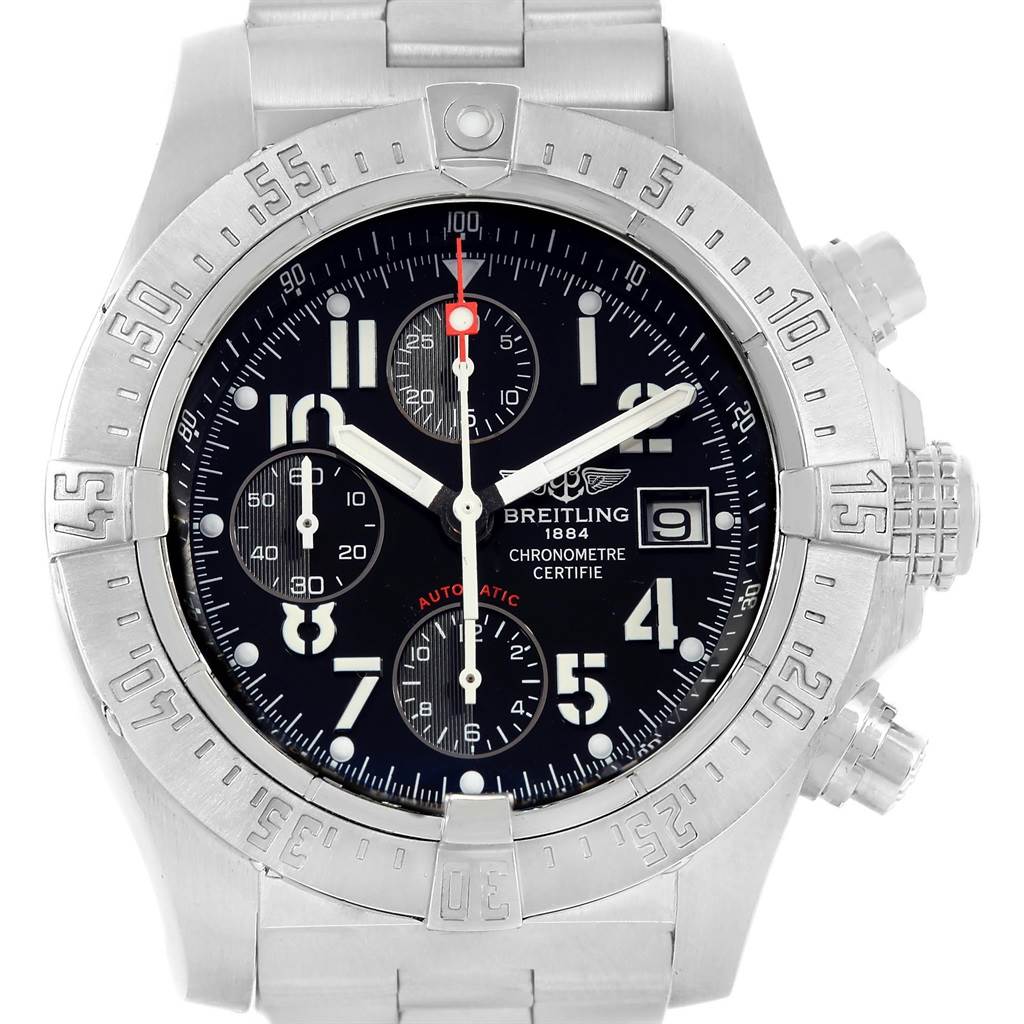 The image shows a front view of the Breitling Avenger A13380 Men's Stainless Steel Black Dial A13380 Men's Stainless Steel Black Dial watch, highlighting its dial, bezel, strap, and chronograph subdials.