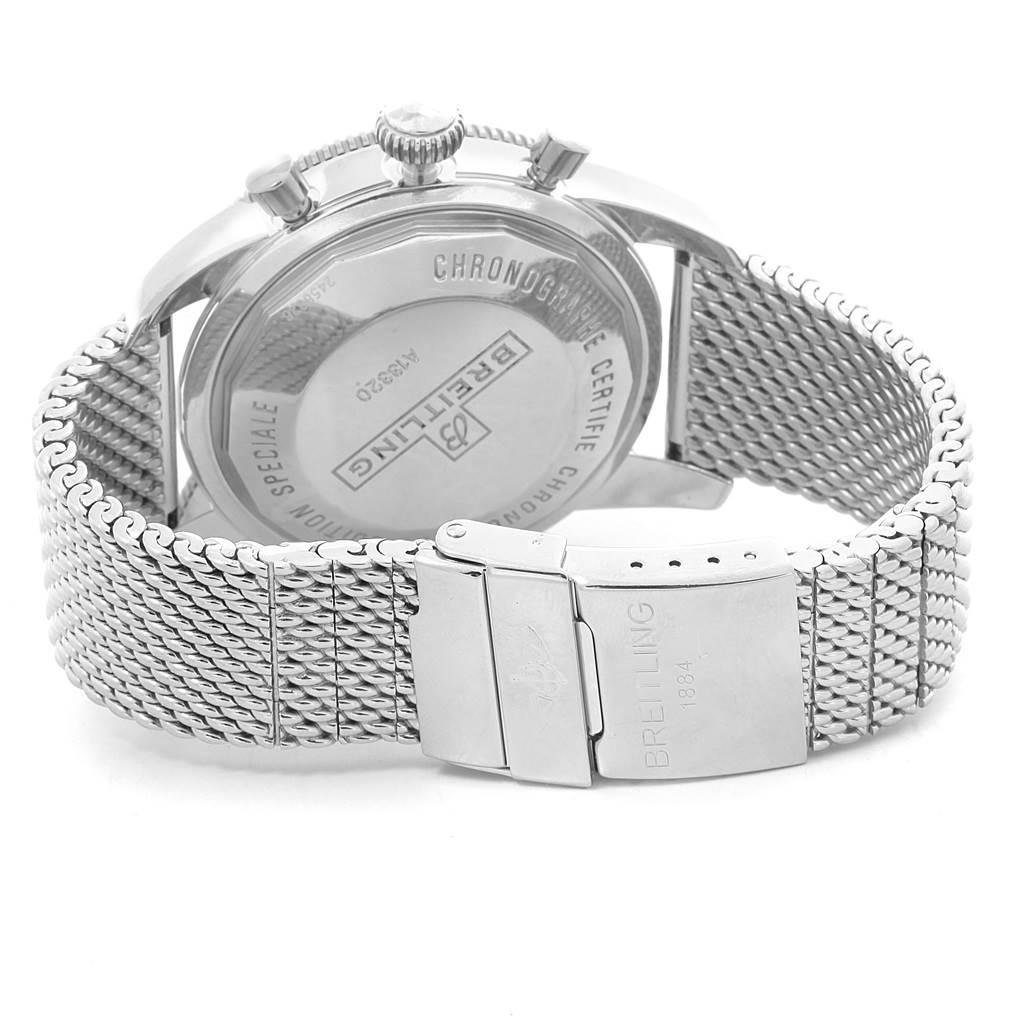 This image shows the back case and clasp of the Breitling Superocean A13320 Men's Stainless Steel Blue Dial A13320 Men's Stainless Steel Blue Dial watch with a steel mesh bracelet.