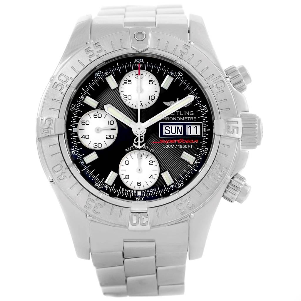 The image shows a Breitling Superocean A13340 Men's Stainless Steel Black Dial A13340 Men's Stainless Steel Black Dial watch from a front angle, highlighting the bezel, dial, subdials, and the bracelet.