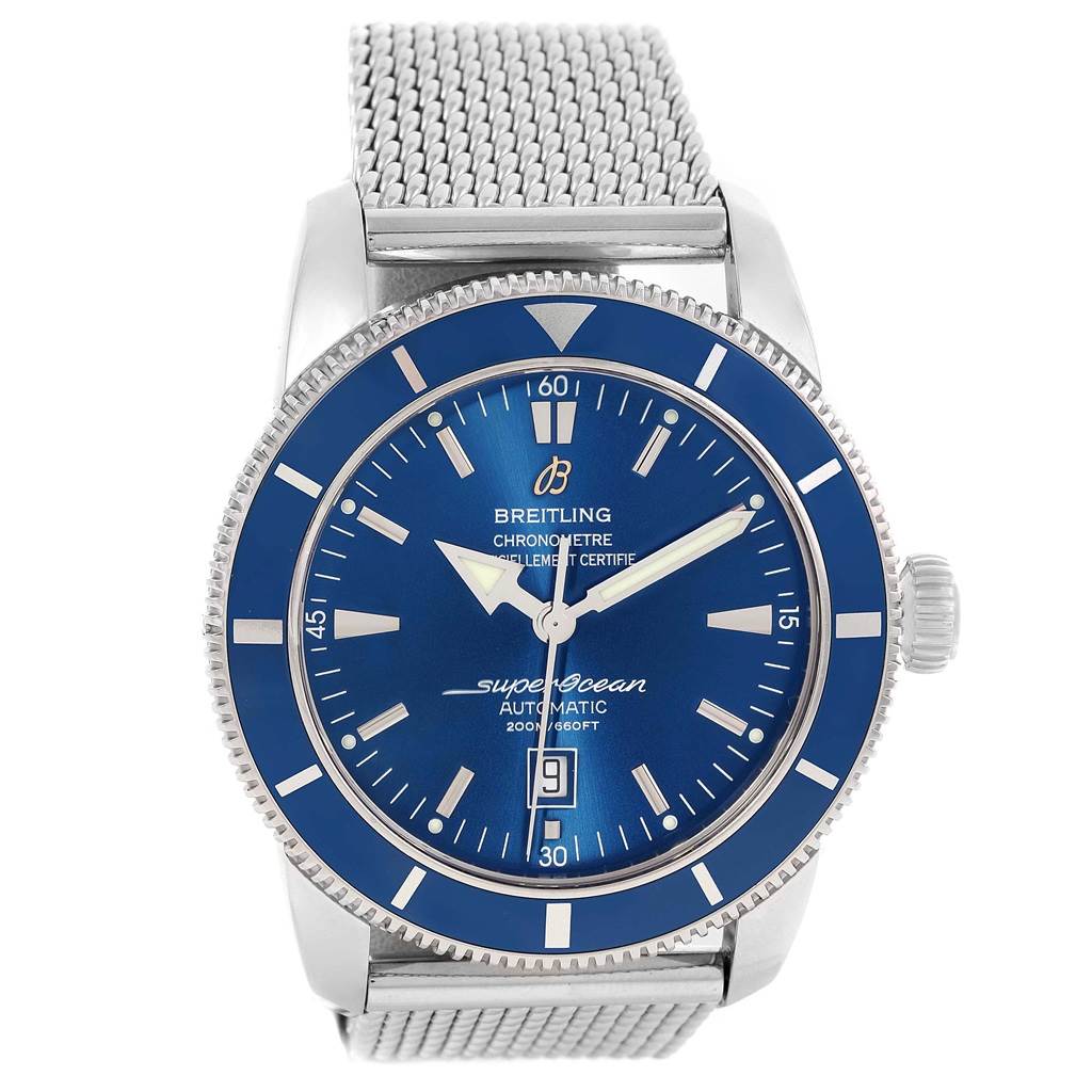 The Breitling Superocean A17320 Men's Stainless Steel Blue Dial A17320 Men's Stainless Steel Blue Dial watch is shown from the front, displaying its blue dial, mesh bracelet, and bezel with markers.