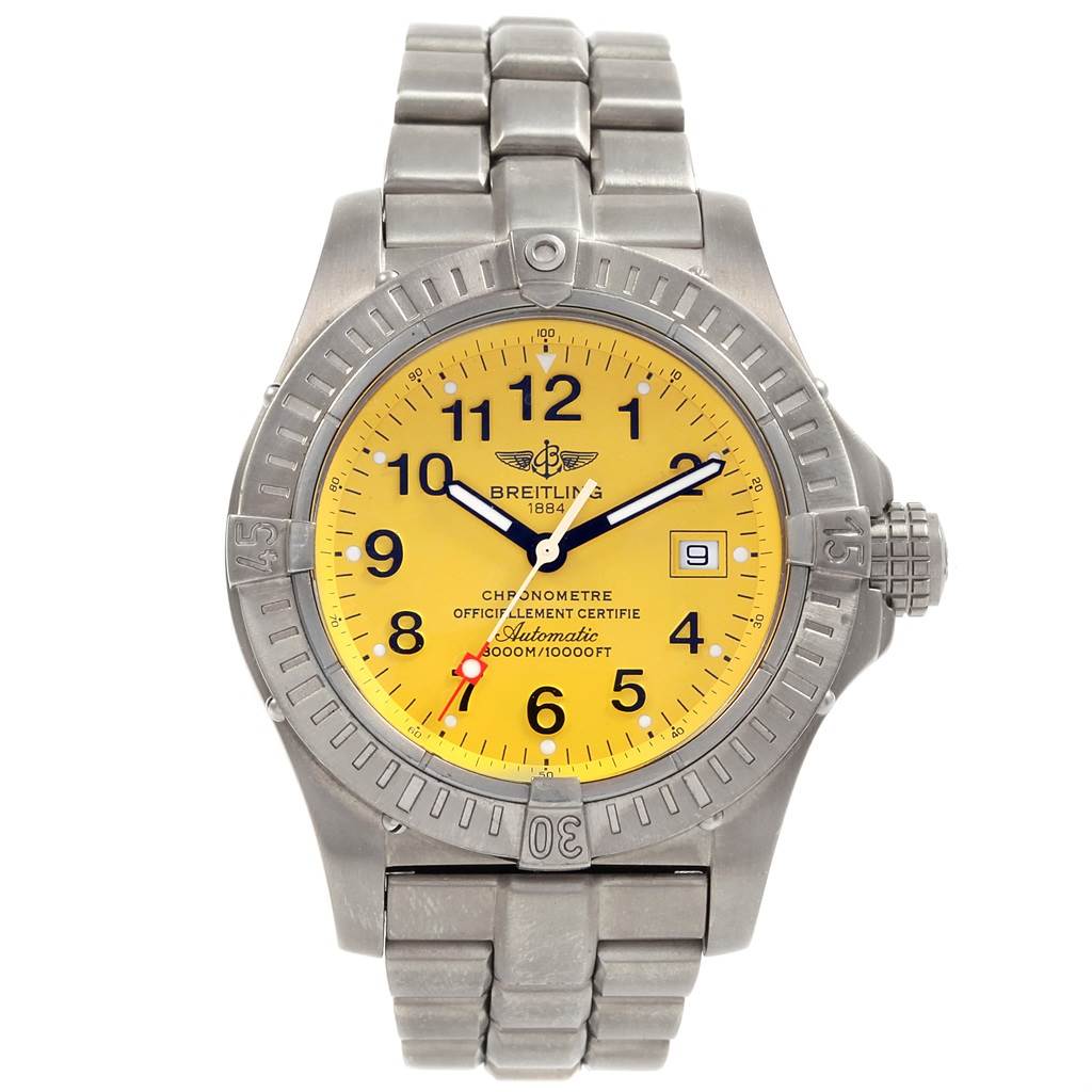 The image shows a front view of a Breitling Avenger E17370 Men's Titanium Yellow Dial E17370 Men's Titanium Yellow Dial watch with a stainless steel bracelet and a yellow dial.