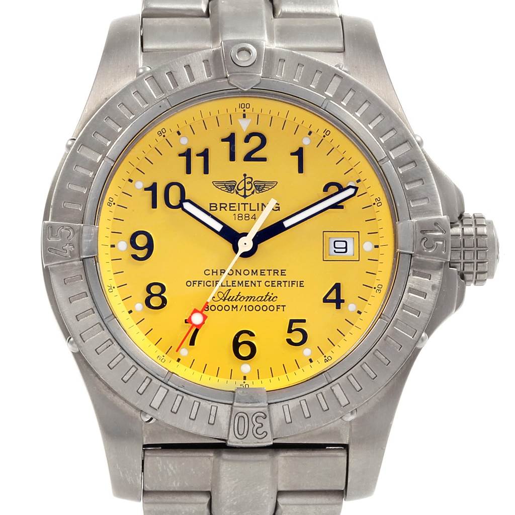 This image shows a front view of a Breitling Avenger E17370 Men's Titanium Yellow Dial E17370 Men's Titanium Yellow Dial model watch, highlighting its yellow dial, date window, and stainless steel bracelet.