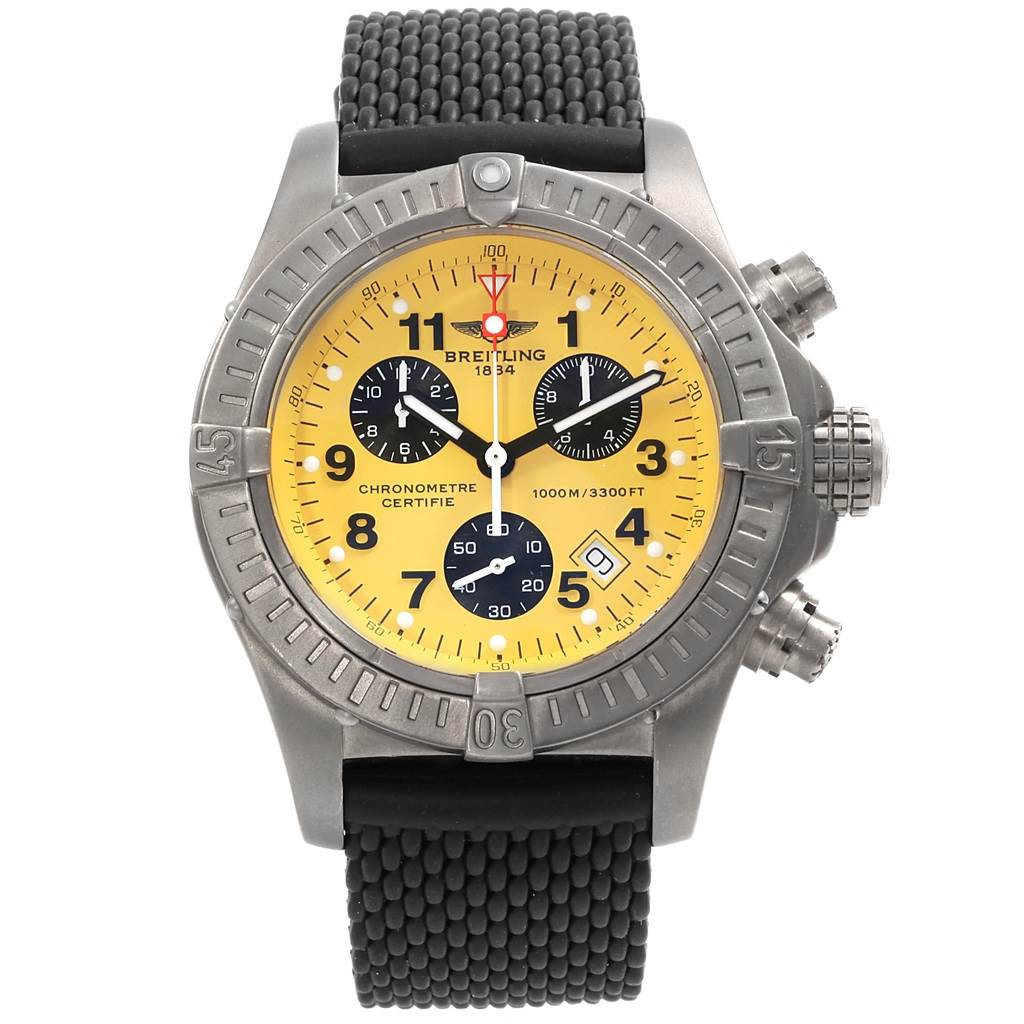 The Breitling Avenger E73360 Men's Titanium Yellow Dial E73360 Men's Titanium Yellow Dial watch is shown from the front, displaying its yellow dial, subdials, bezel, and black strap.