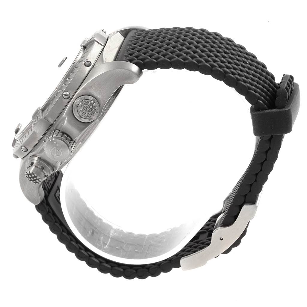 This image shows a side view of the Breitling Avenger E73360 Men's Titanium Yellow Dial E73360 Men's Titanium Yellow Dial watch, highlighting its knobs, pushers, and textured black rubber strap.