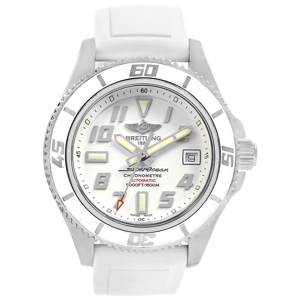 The Breitling Superocean A17364 Men's Stainless Steel White Dial A17364 Men's Stainless Steel White Dial watch is shown from a front angle, displaying its dial, bezel, crown, and strap.
