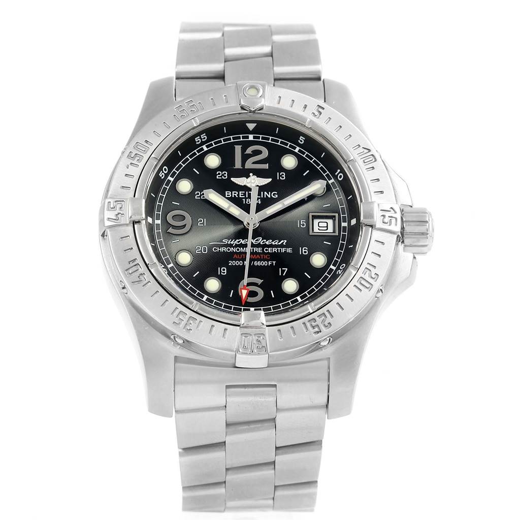 This Breitling Superocean A17390 Men's Stainless Steel Black Dial A17390 Men's Stainless Steel Black Dial watch is shown in a front-facing angle displaying its dial, bezel, and metal bracelet.