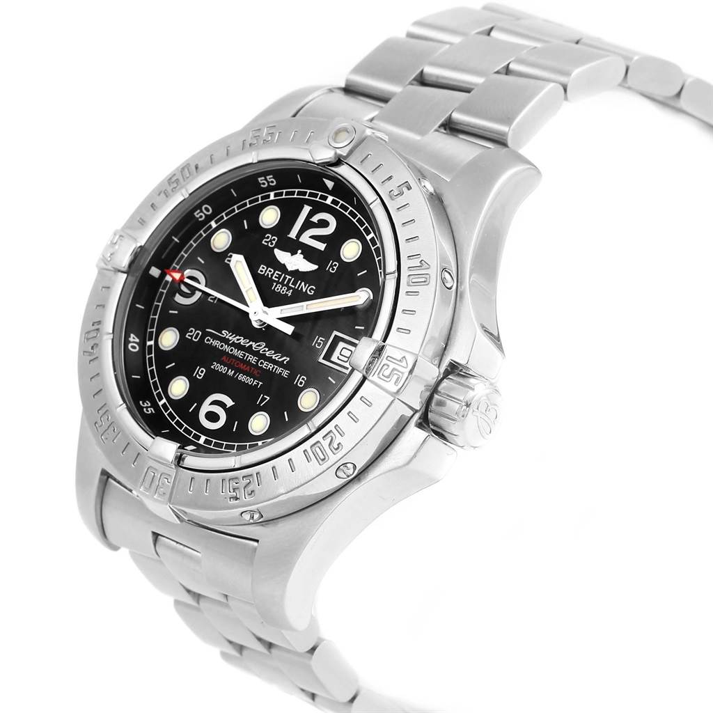 The image shows an angled view of a Breitling Superocean A17390 Men's Stainless Steel Black Dial A17390 Men's Stainless Steel Black Dial watch, highlighting the face, bezel, and part of the metal band.