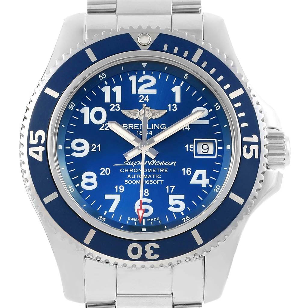 The image shows a front view of the Breitling Superocean A17365 Men's Stainless Steel Blue Dial A17365 Men's Stainless Steel Blue Dial watch, focusing on its blue dial, date window, and bracelet.