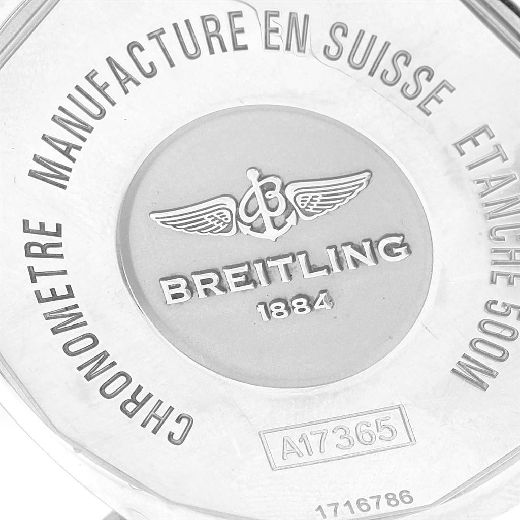 The image shows the back of a Breitling Superocean A17365 Men's Stainless Steel Blue Dial A17365 Men's Stainless Steel Blue Dial watch, detailing the brand logo, model number, and water resistance.