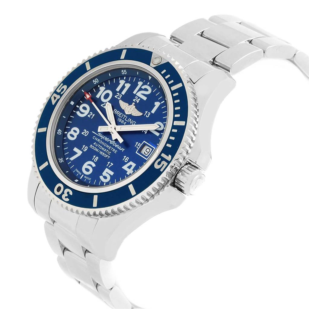 This Breitling Superocean A17365 Men's Stainless Steel Blue Dial A17365 Men's Stainless Steel Blue Dial watch is shown at an oblique angle, highlighting the bezel, face, bracelet, and crown.