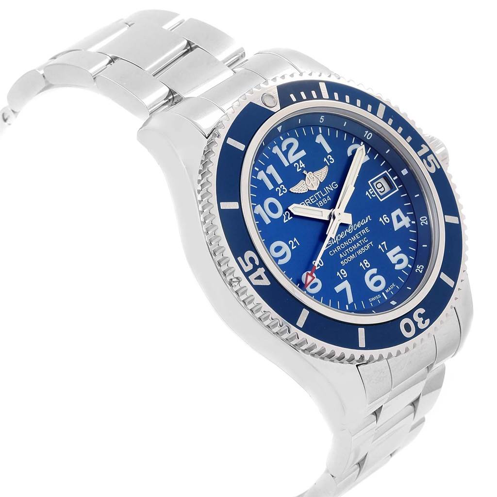 The image shows a Breitling Superocean A17365 Men's Stainless Steel Blue Dial A17365 Men's Stainless Steel Blue Dial watch at a slight angle, displaying its blue dial, bezel, date window, and metal bracelet.