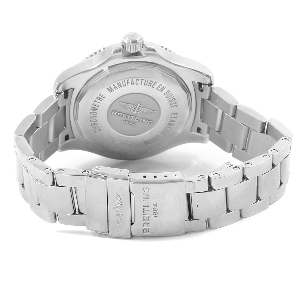 The image shows the back view of a Breitling Superocean A17365 Men's Stainless Steel Blue Dial A17365 Men's Stainless Steel Blue Dial watch, highlighting its case back and metal bracelet.