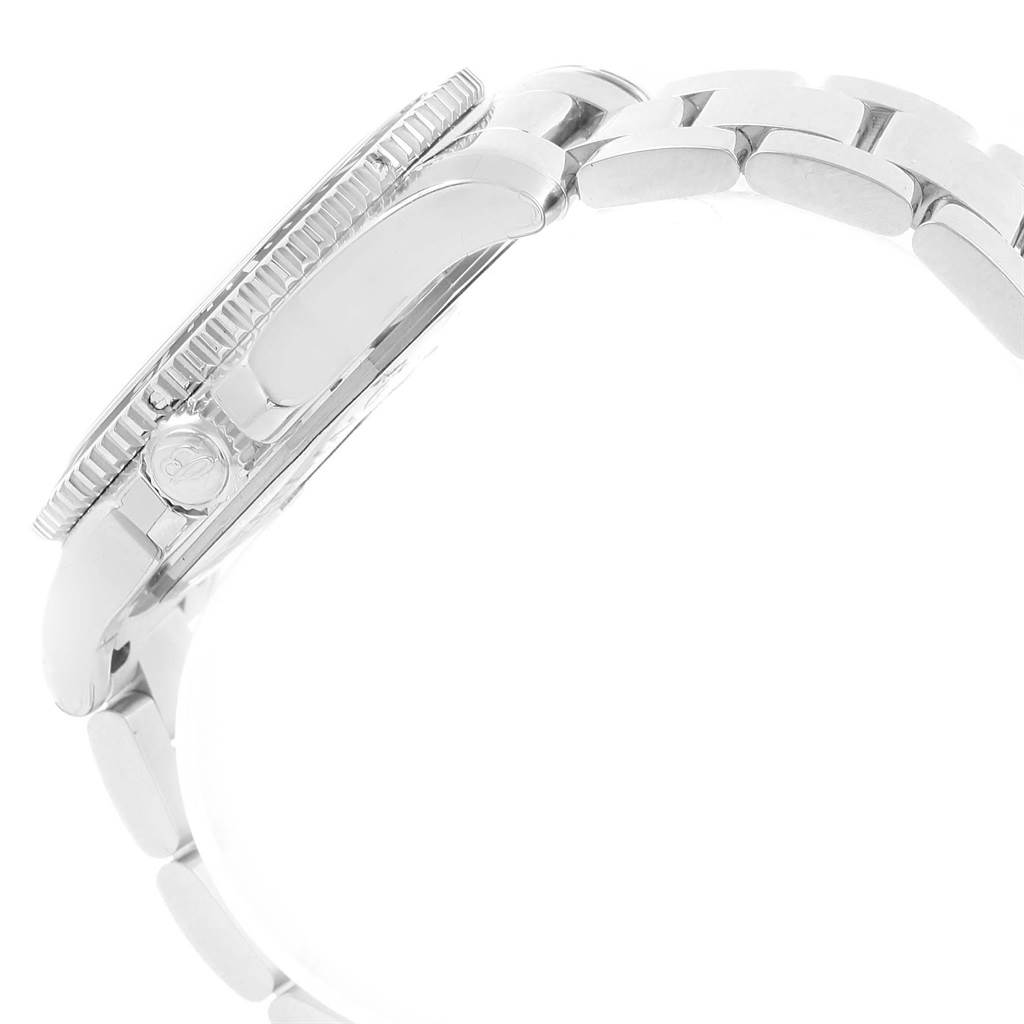 The image shows a side view of a Breitling Superocean A17365 Men's Stainless Steel Blue Dial A17365 Men's Stainless Steel Blue Dial watch, highlighting its bezel, case, crown, and bracelet.