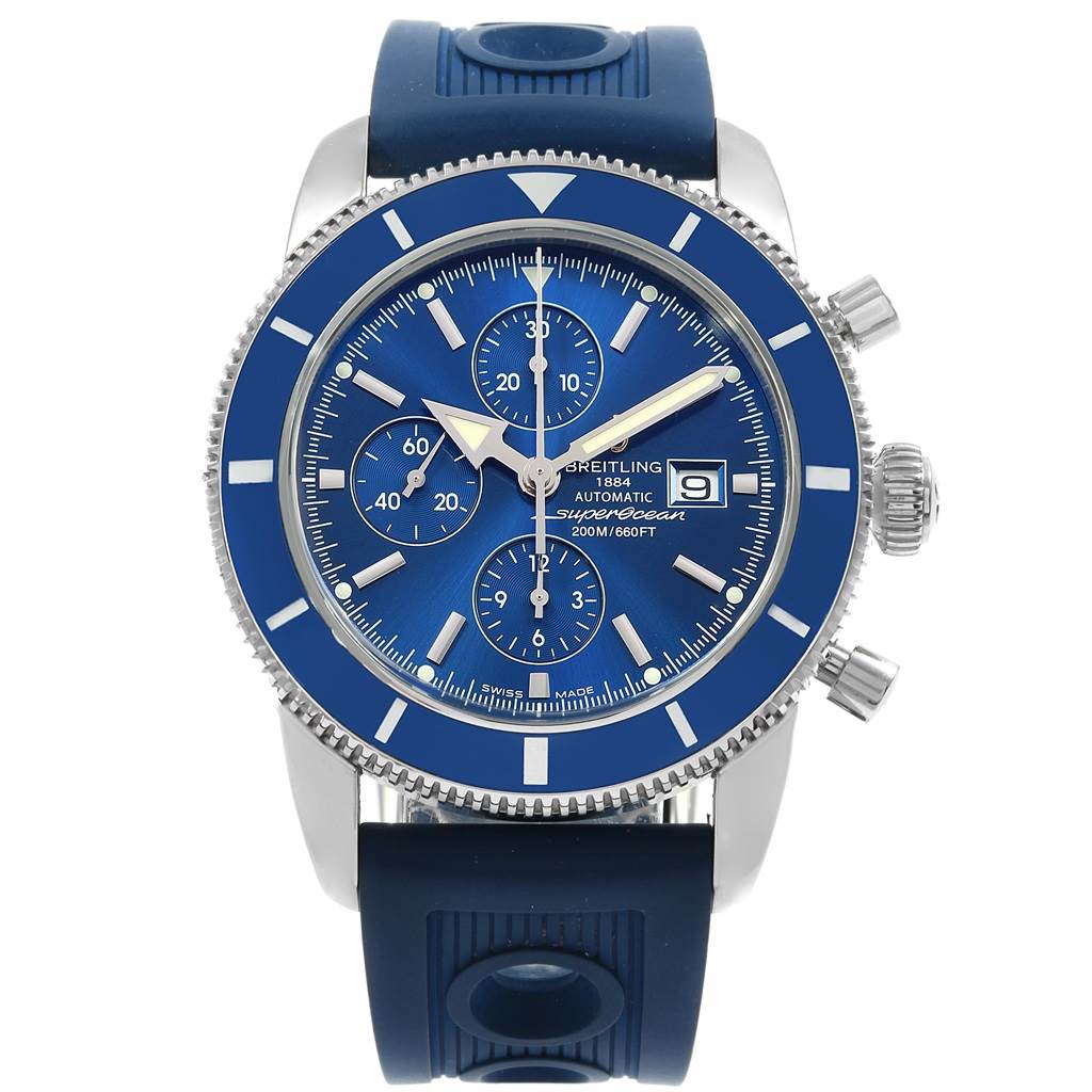 The image shows a front view of a Breitling Superocean A13320 Men's Stainless Steel Blue Dial A13320 Men's Stainless Steel Blue Dial watch, highlighting its blue dial, bezel, and rubber strap.