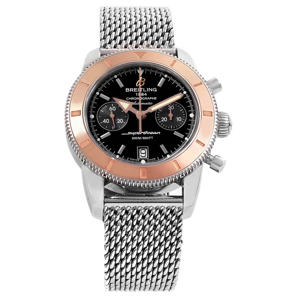 The image shows a Breitling Superocean U2337012-BB81 Men's Stainless Steel Black Dial U2337012-BB81 Men's Stainless Steel Black Dial watch with a frontal view, highlighting its dial, bezel, and metal mesh strap.