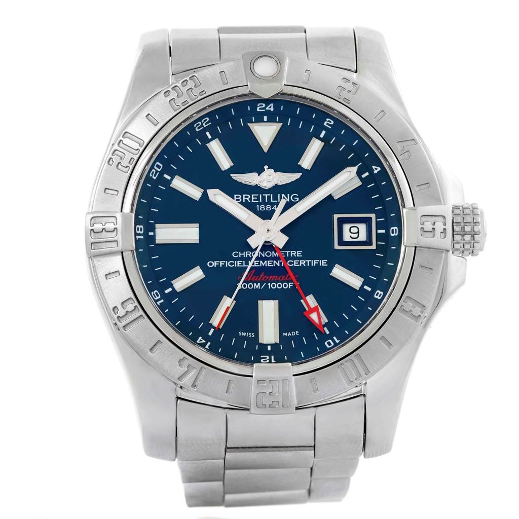 This is a front view of a Breitling Avenger A32390 Men's Stainless Steel Blue Dial A32390 Men's Stainless Steel Blue Dial watch, showing its face, bezel, crown, and part of the metal bracelet.